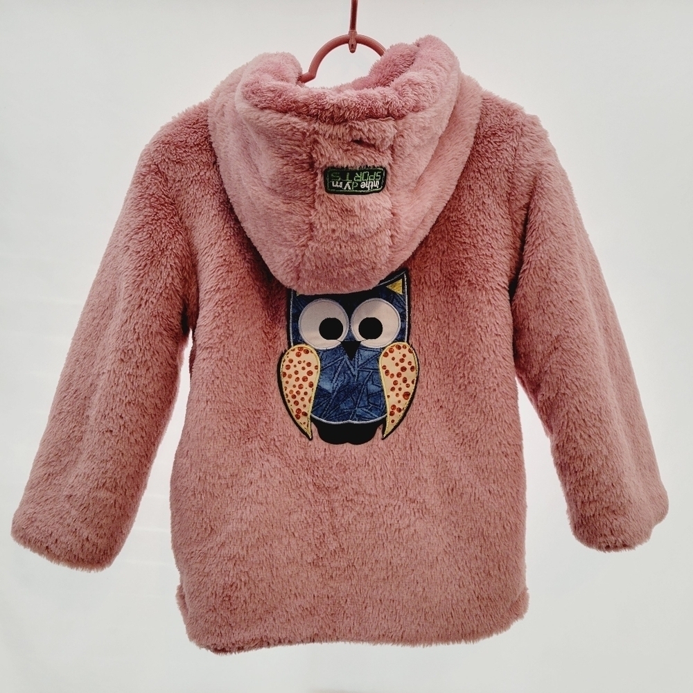 Girls pink faux fur owl hooded coat size 160 12/14